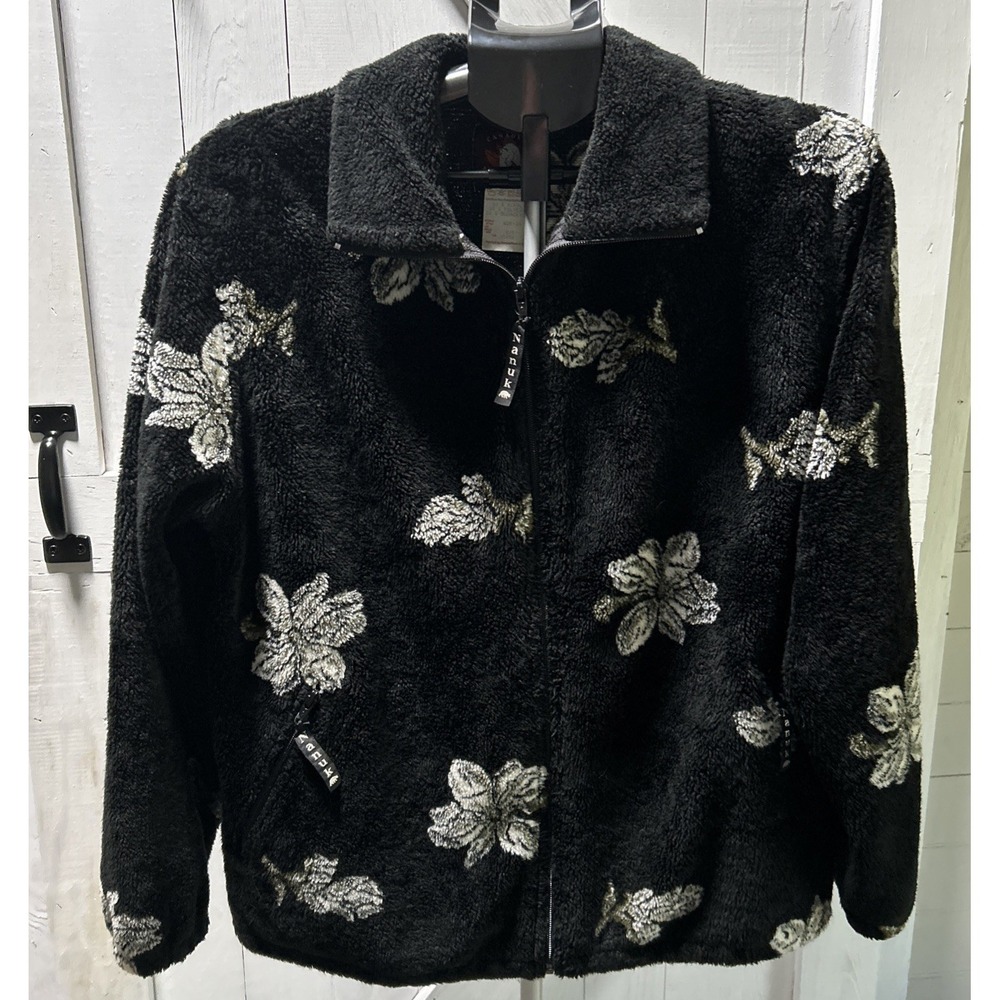 Nanuk Canadian Polar Bear Vintage Fleece Full Zip Jacket Size S Black Floral